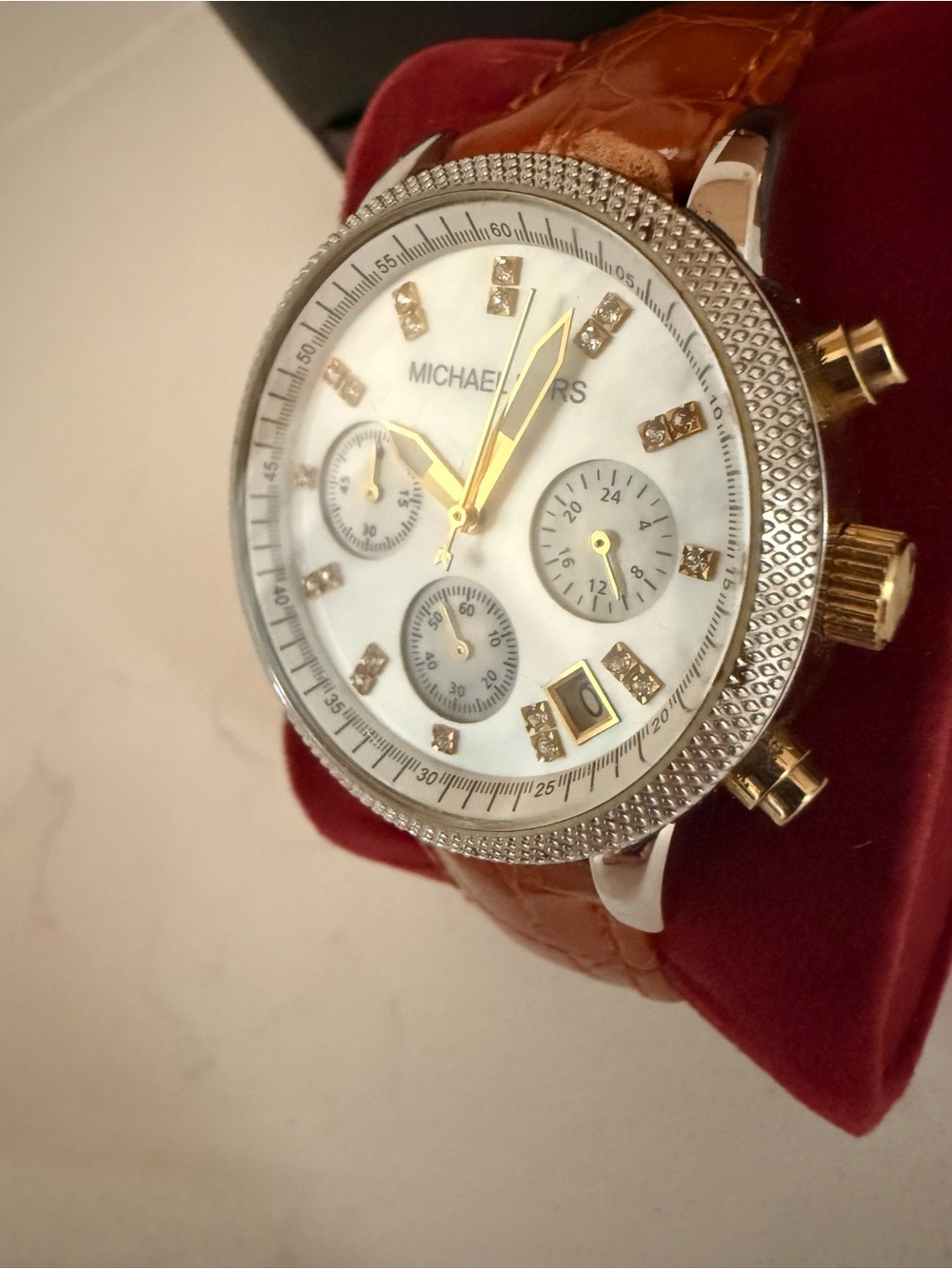 Michael Kors Gold-Tone Accented Watch with Brown Leather Strap